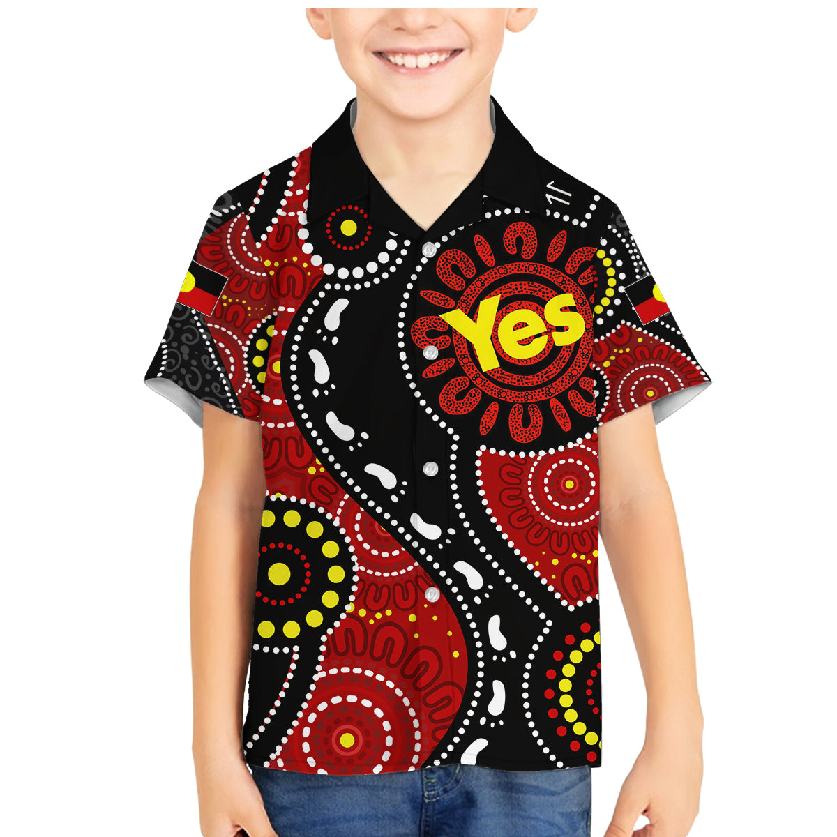 australia-indigenous-family-matching-mermaid-dress-and-hawaiian-shirt-vote-yes-aboriginal-flag-color