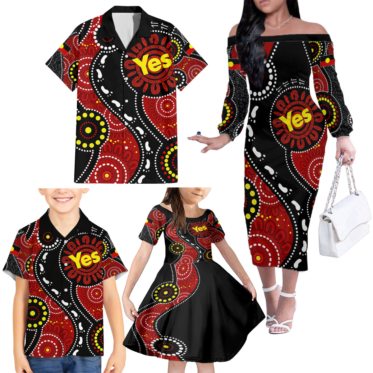 australia-indigenous-family-matching-off-shoulder-long-sleeve-dress-and-hawaiian-shirt-vote-yes-aboriginal-flag-color