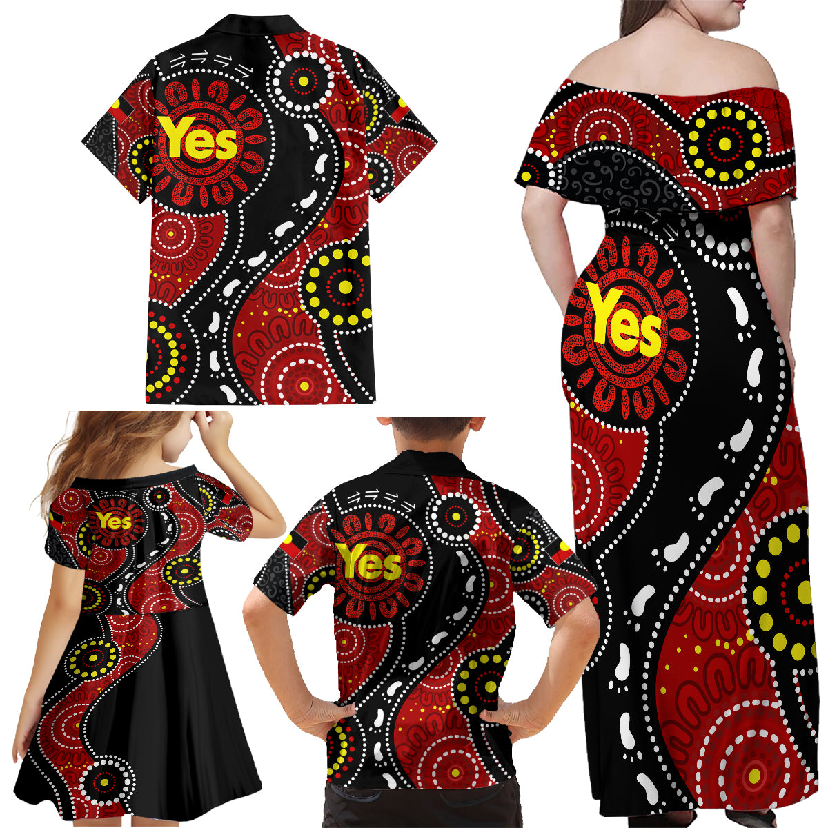 australia-indigenous-family-matching-off-shoulder-long-sleeve-dress-and-hawaiian-shirt-vote-yes-aboriginal-flag-color