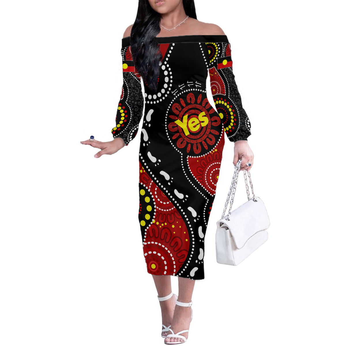 australia-indigenous-family-matching-off-shoulder-long-sleeve-dress-and-hawaiian-shirt-vote-yes-aboriginal-flag-color