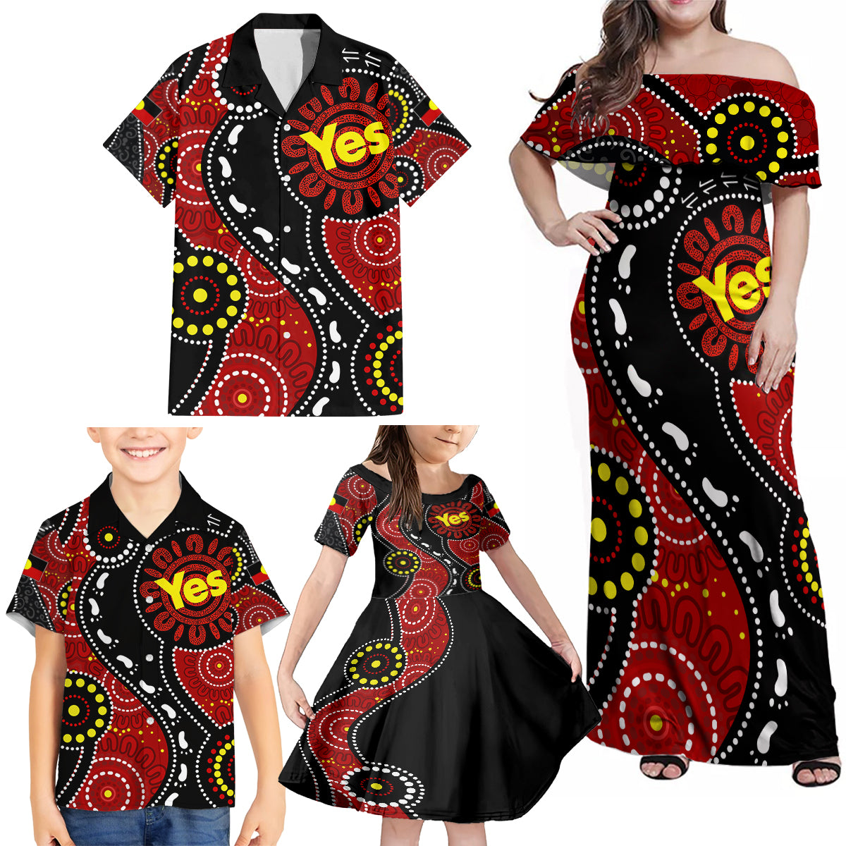 australia-indigenous-family-matching-off-shoulder-maxi-dress-and-hawaiian-shirt-vote-yes-aboriginal-flag-color