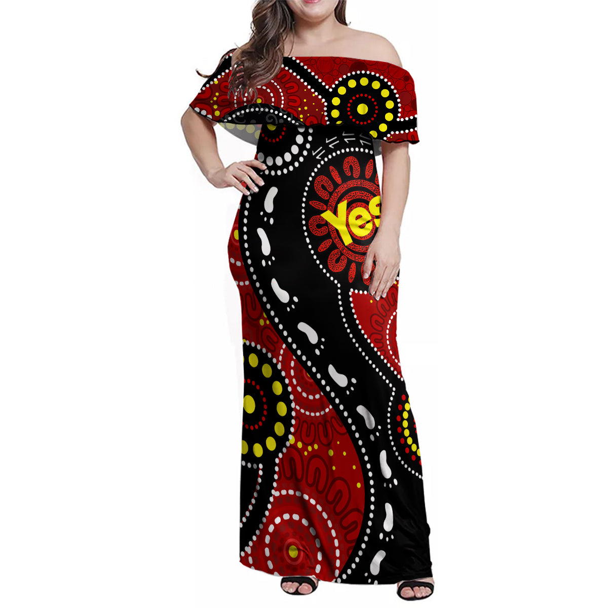 australia-indigenous-family-matching-off-shoulder-maxi-dress-and-hawaiian-shirt-vote-yes-aboriginal-flag-color