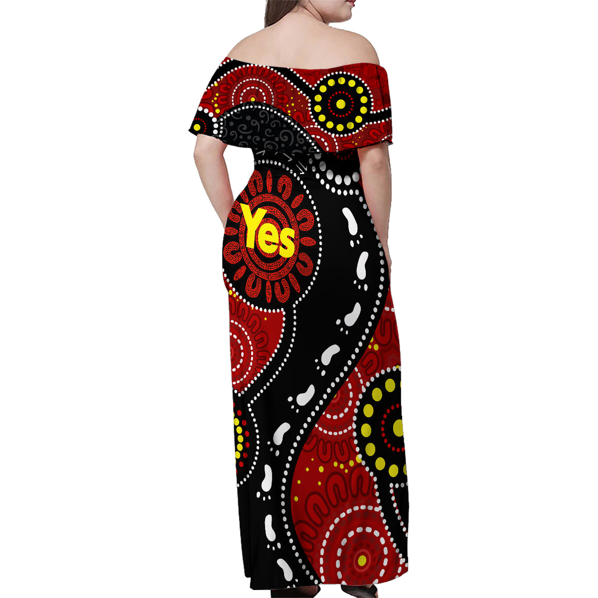 australia-indigenous-family-matching-off-shoulder-maxi-dress-and-hawaiian-shirt-vote-yes-aboriginal-flag-color