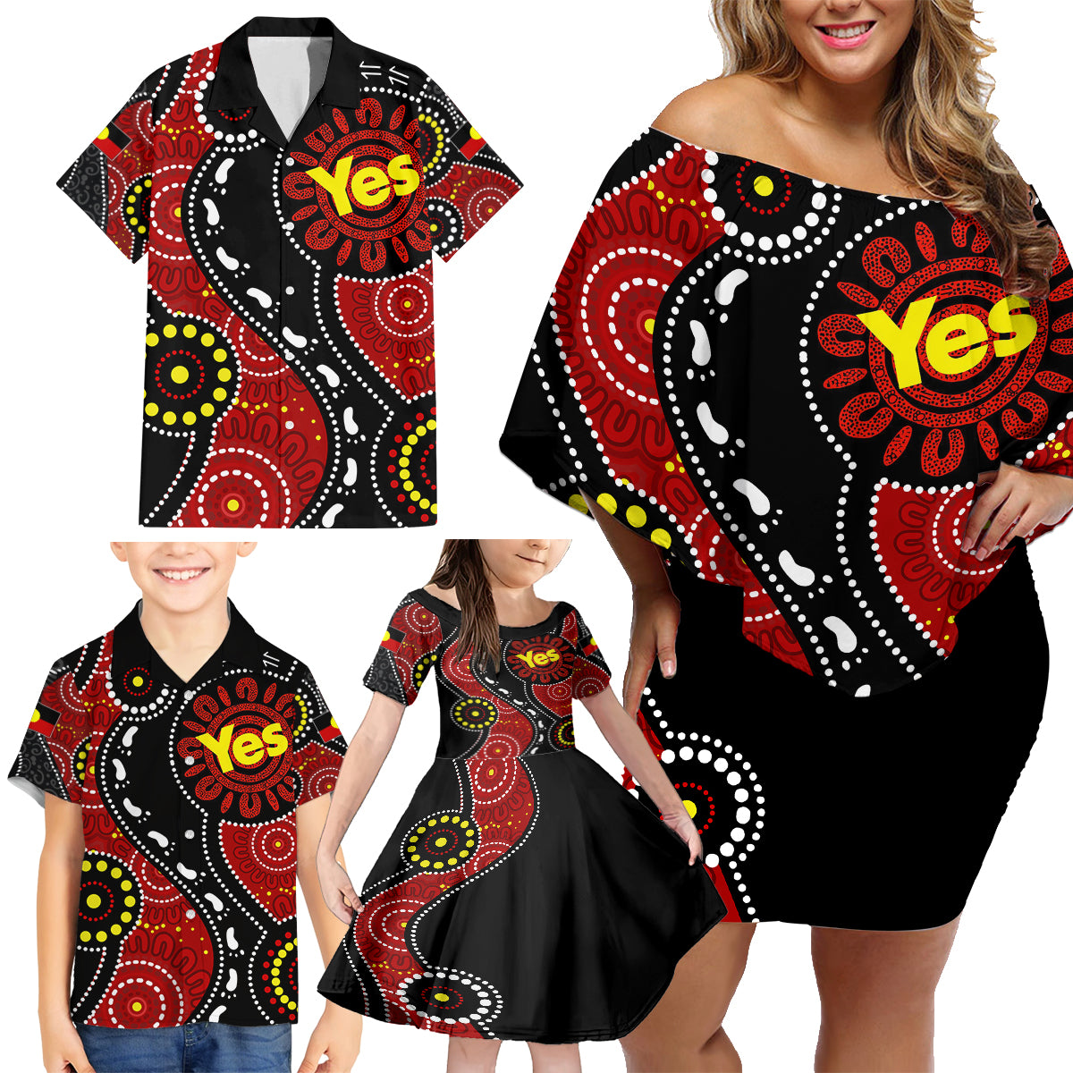 australia-indigenous-family-matching-off-shoulder-short-dress-and-hawaiian-shirt-vote-yes-aboriginal-flag-color