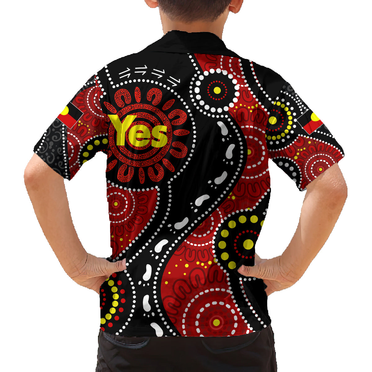 australia-indigenous-family-matching-off-shoulder-short-dress-and-hawaiian-shirt-vote-yes-aboriginal-flag-color