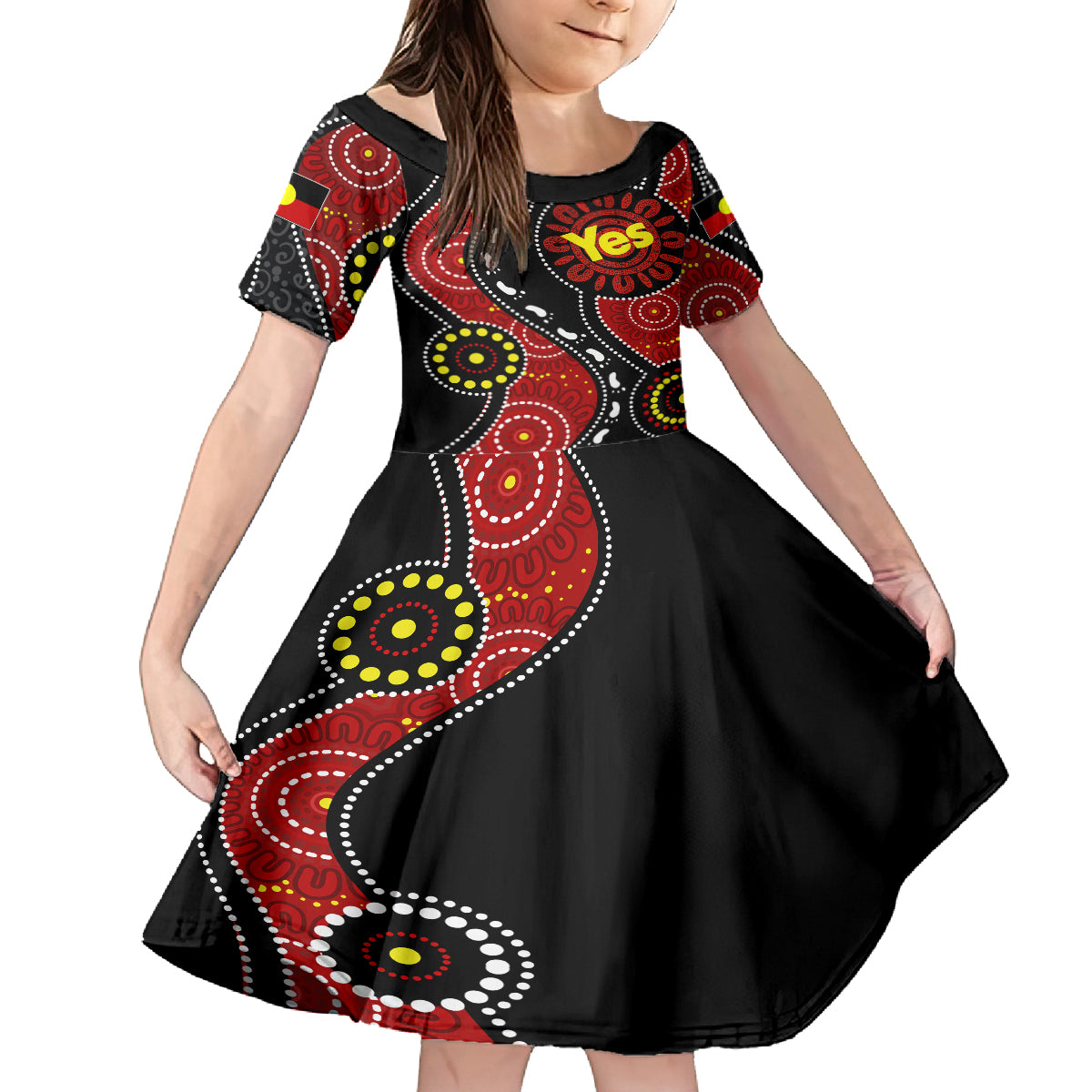 australia-indigenous-family-matching-off-shoulder-short-dress-and-hawaiian-shirt-vote-yes-aboriginal-flag-color