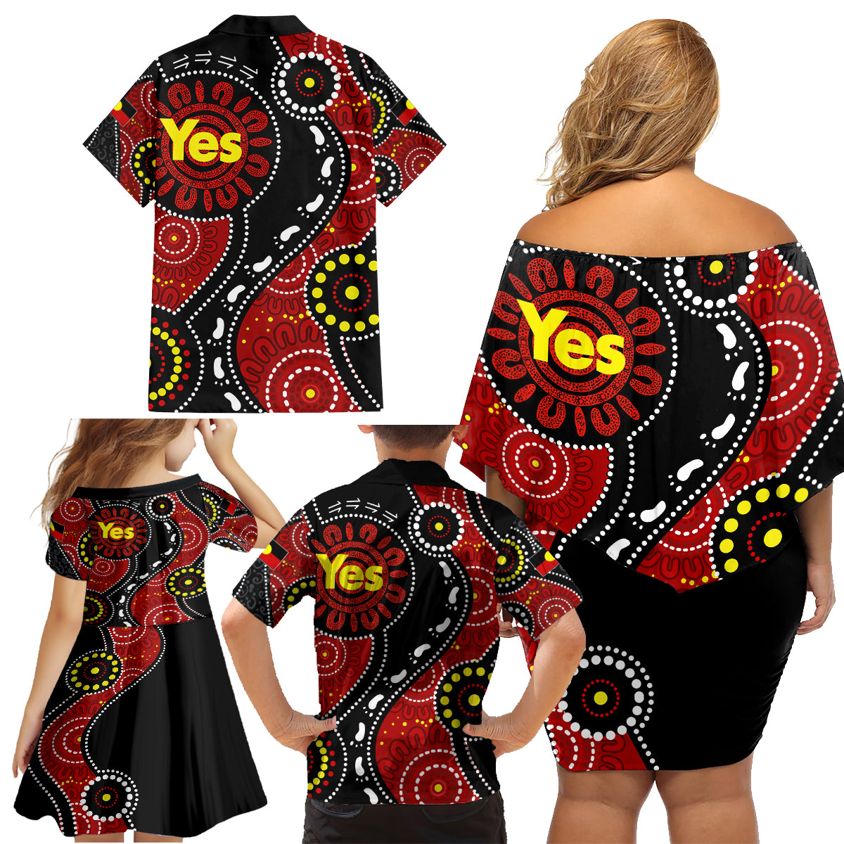 australia-indigenous-family-matching-off-shoulder-short-dress-and-hawaiian-shirt-vote-yes-aboriginal-flag-color