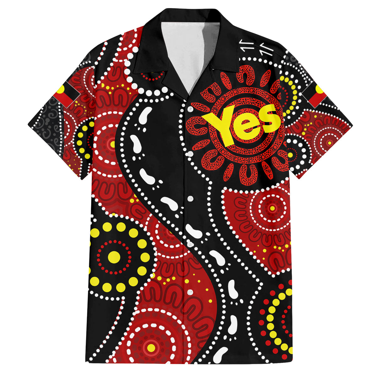 australia-indigenous-family-matching-off-shoulder-short-dress-and-hawaiian-shirt-vote-yes-aboriginal-flag-color