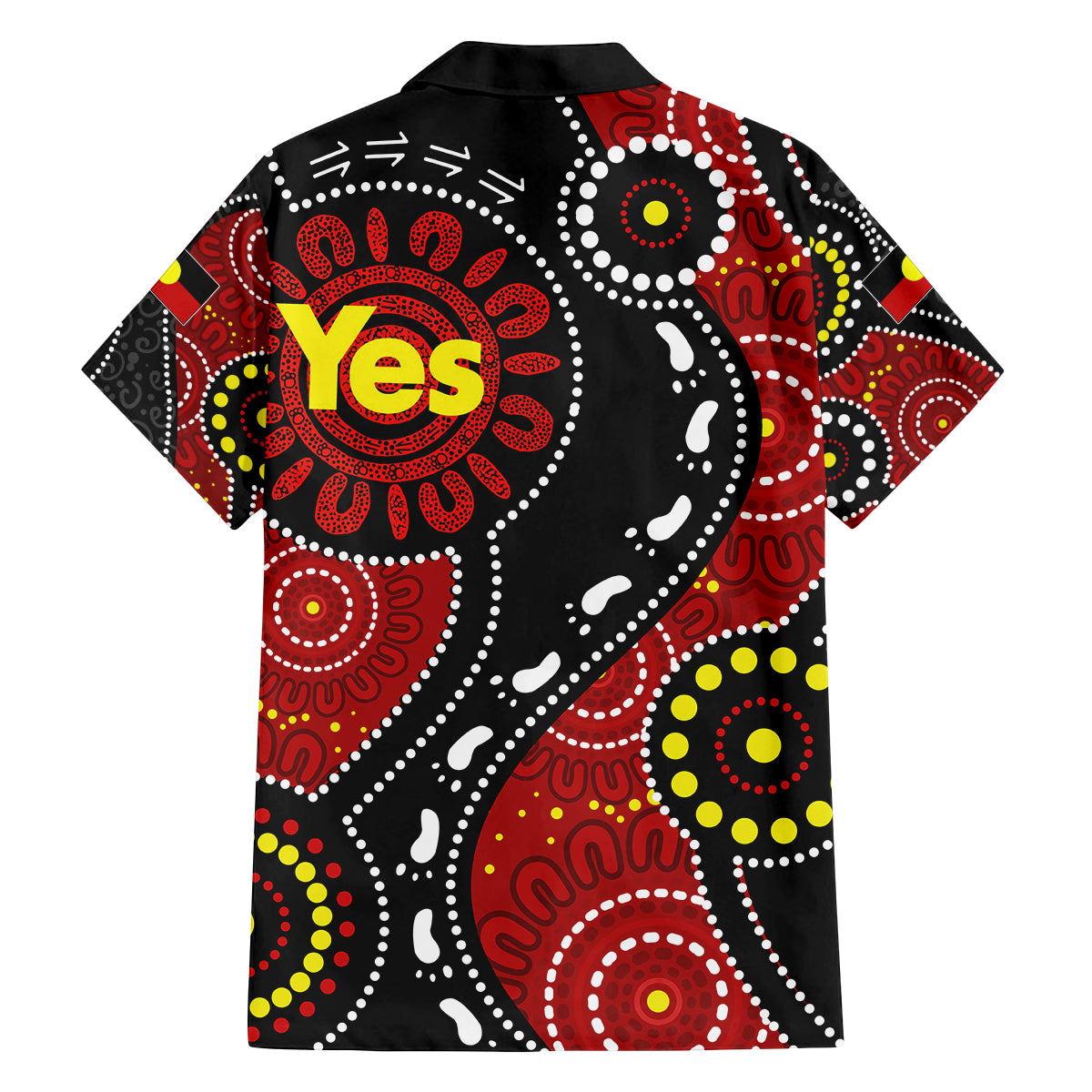 australia-indigenous-family-matching-off-shoulder-short-dress-and-hawaiian-shirt-vote-yes-aboriginal-flag-color