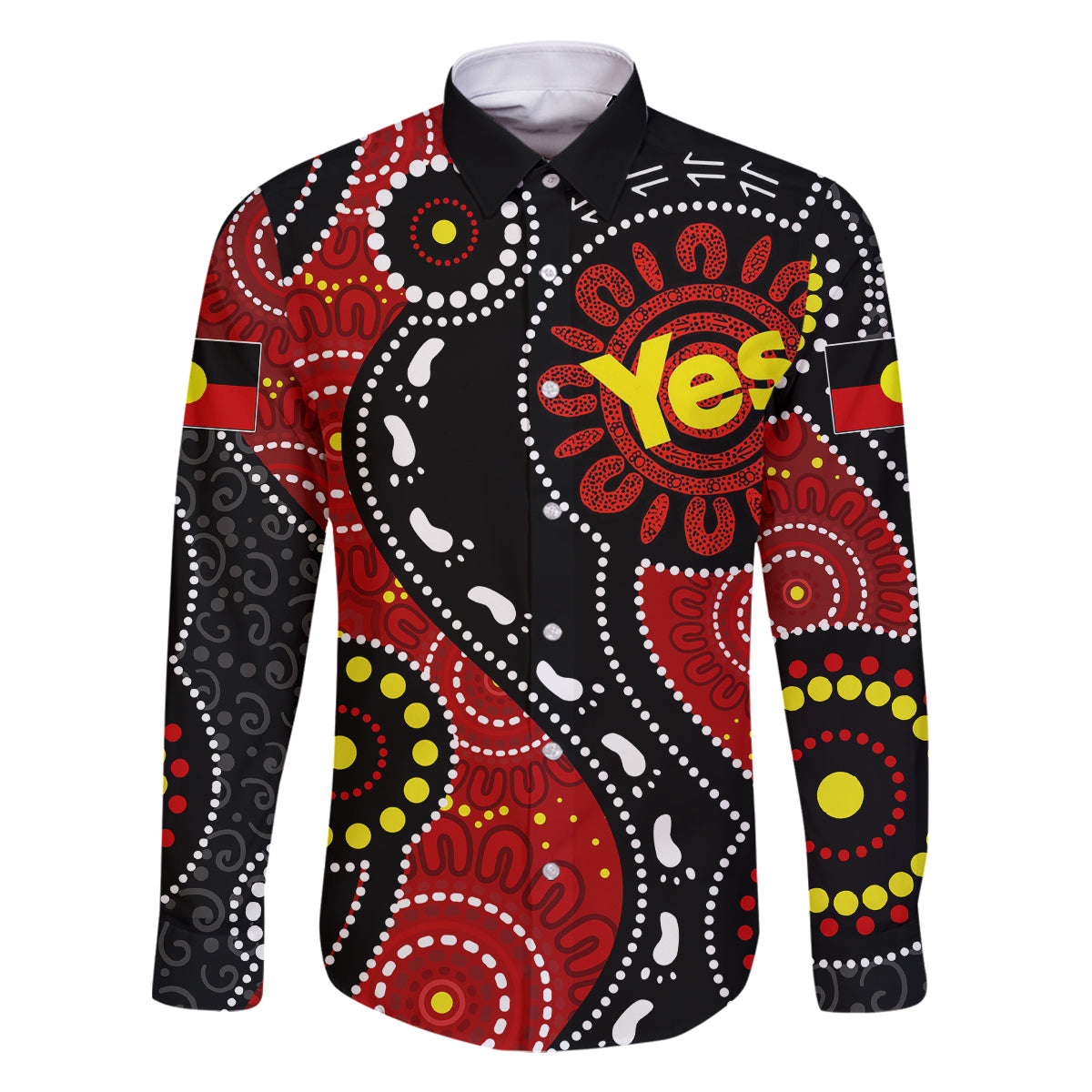 australia-indigenous-family-matching-off-shoulder-short-dress-and-hawaiian-shirt-vote-yes-aboriginal-flag-color