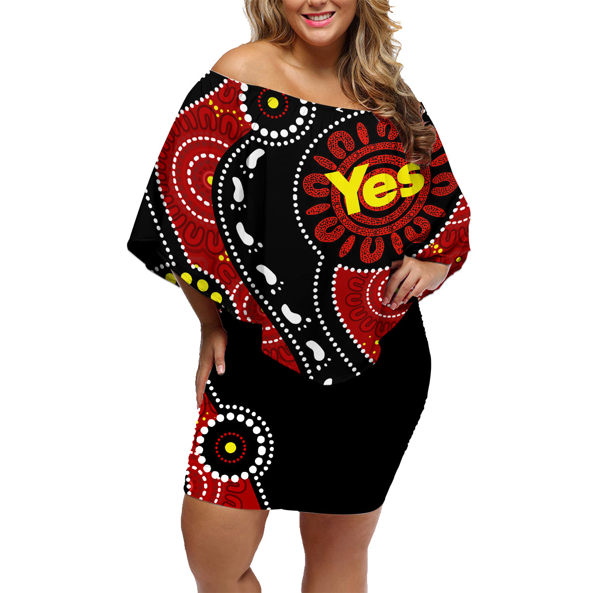 australia-indigenous-family-matching-off-shoulder-short-dress-and-hawaiian-shirt-vote-yes-aboriginal-flag-color