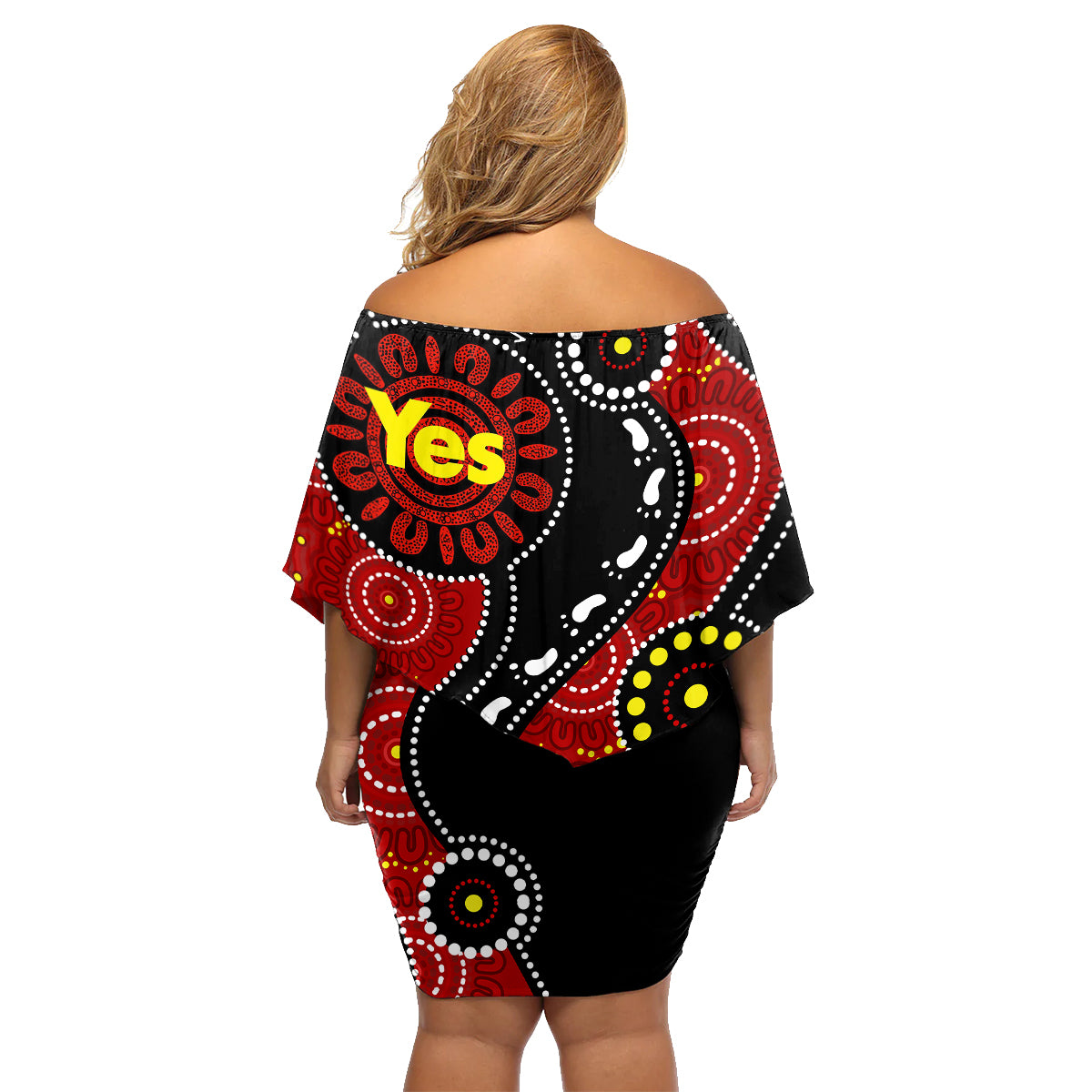 australia-indigenous-family-matching-off-shoulder-short-dress-and-hawaiian-shirt-vote-yes-aboriginal-flag-color