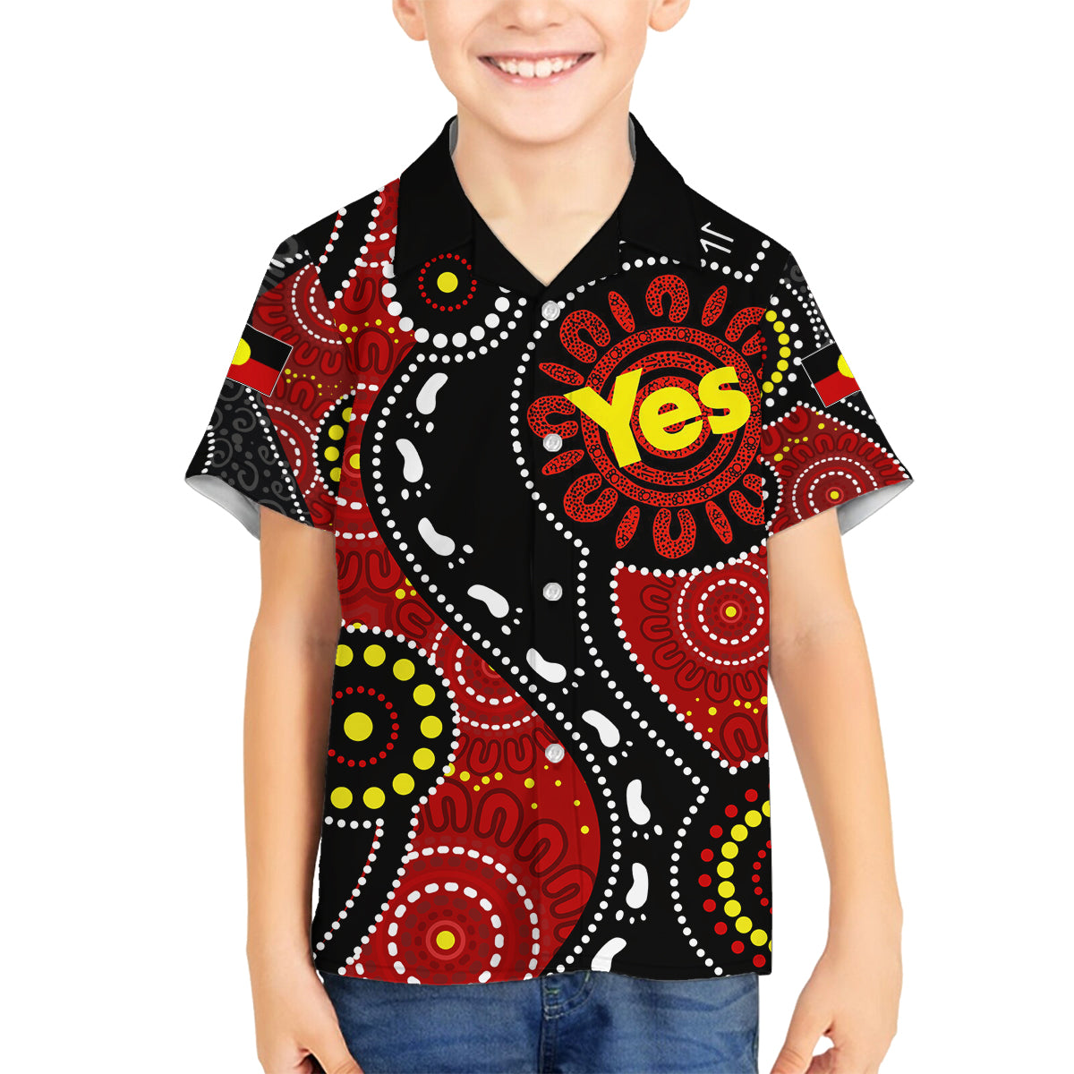 australia-indigenous-family-matching-off-shoulder-short-dress-and-hawaiian-shirt-vote-yes-aboriginal-flag-color