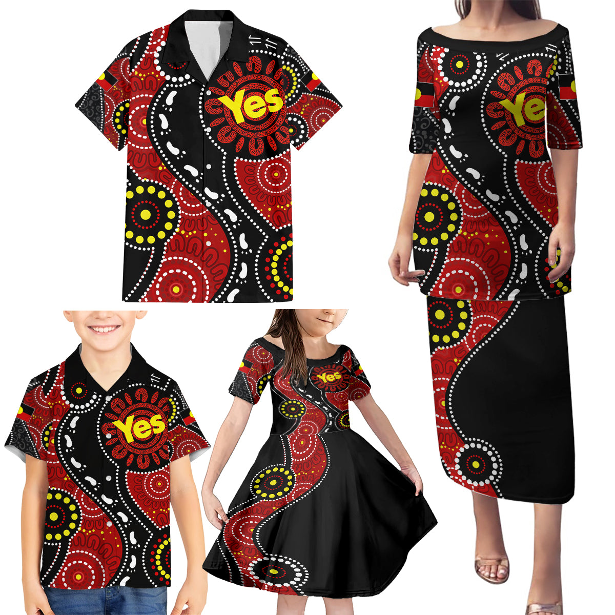 australia-indigenous-family-matching-puletasi-dress-and-hawaiian-shirt-vote-yes-aboriginal-flag-color