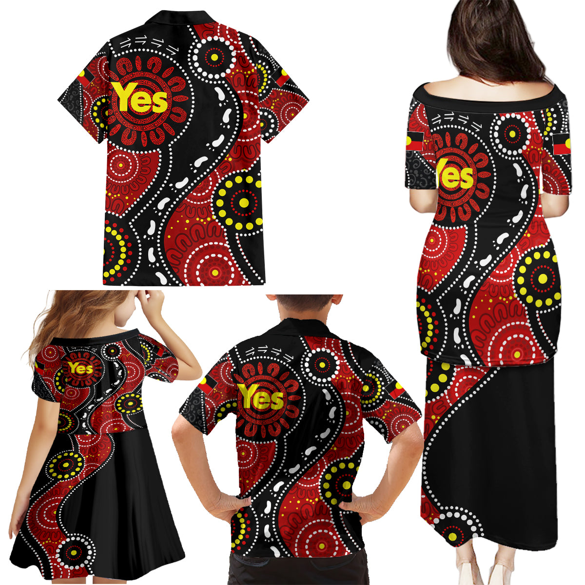 australia-indigenous-family-matching-puletasi-dress-and-hawaiian-shirt-vote-yes-aboriginal-flag-color