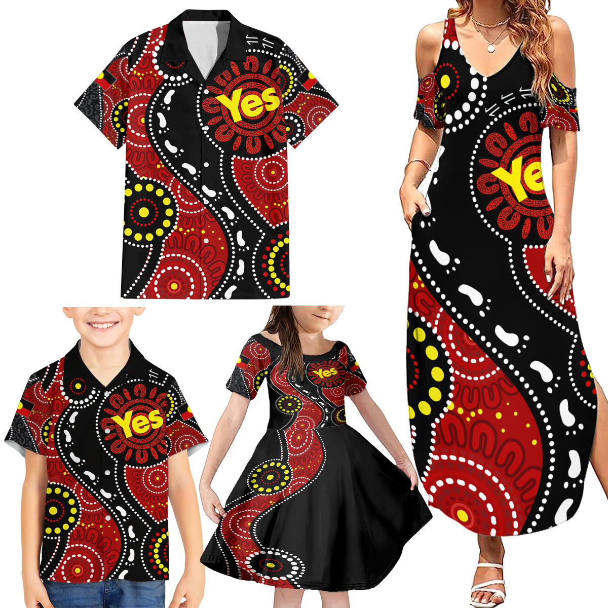 australia-indigenous-family-matching-summer-maxi-dress-and-hawaiian-shirt-vote-yes-aboriginal-flag-color