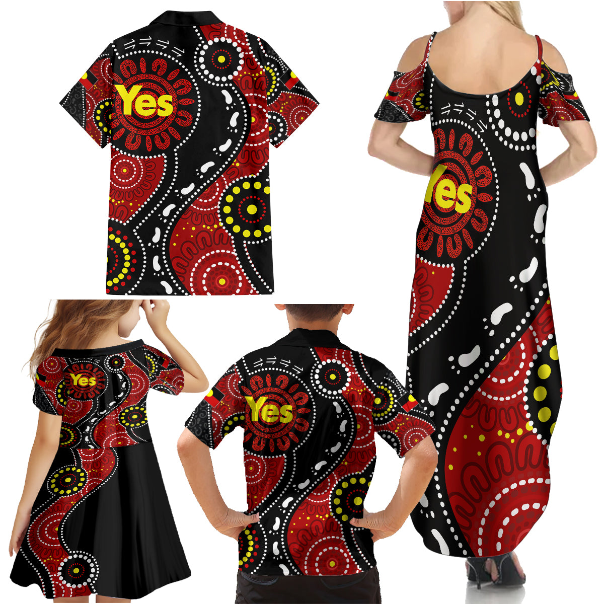 australia-indigenous-family-matching-summer-maxi-dress-and-hawaiian-shirt-vote-yes-aboriginal-flag-color