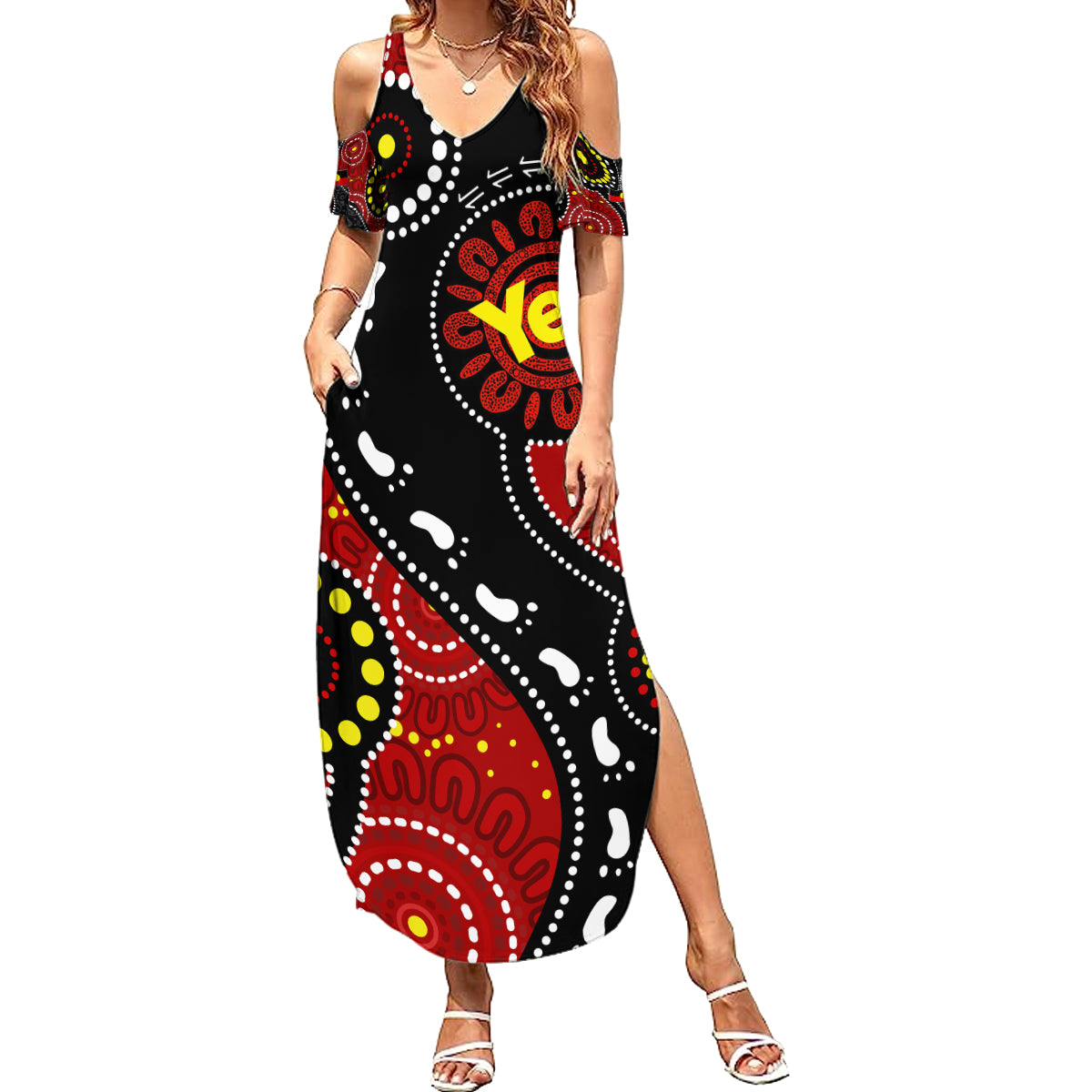 australia-indigenous-family-matching-summer-maxi-dress-and-hawaiian-shirt-vote-yes-aboriginal-flag-color