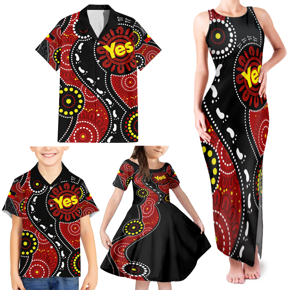 australia-indigenous-family-matching-tank-maxi-dress-and-hawaiian-shirt-vote-yes-aboriginal-flag-color