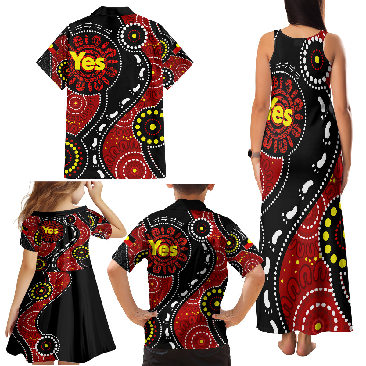 australia-indigenous-family-matching-tank-maxi-dress-and-hawaiian-shirt-vote-yes-aboriginal-flag-color