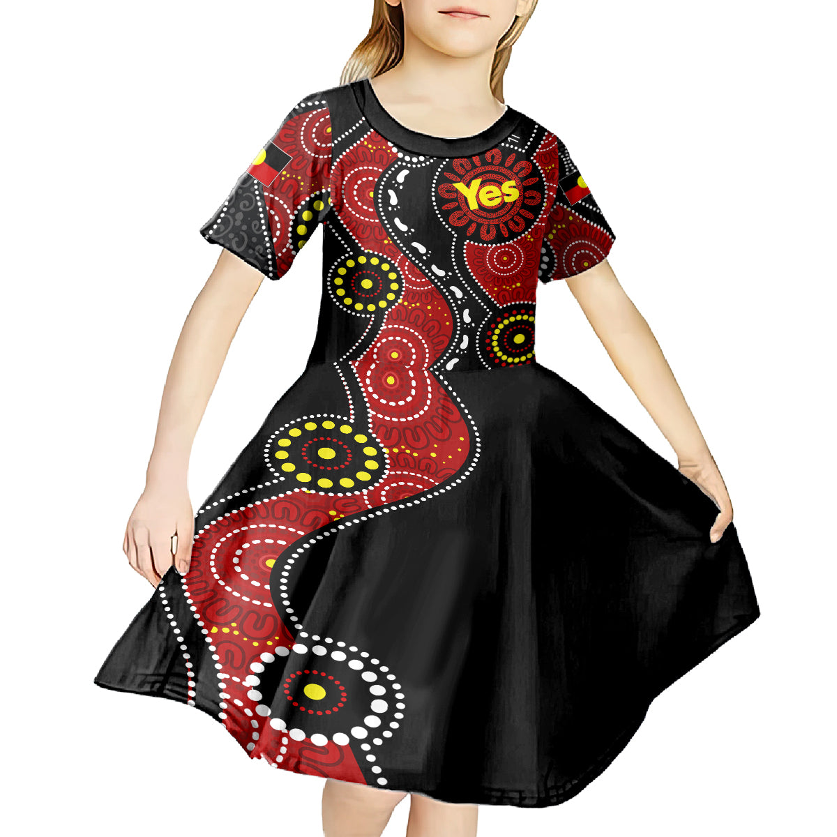 Australia Indigenous Kid Short Sleeve Dress Vote Yes Aboriginal Flag Color - Vibe Hoodie Shop