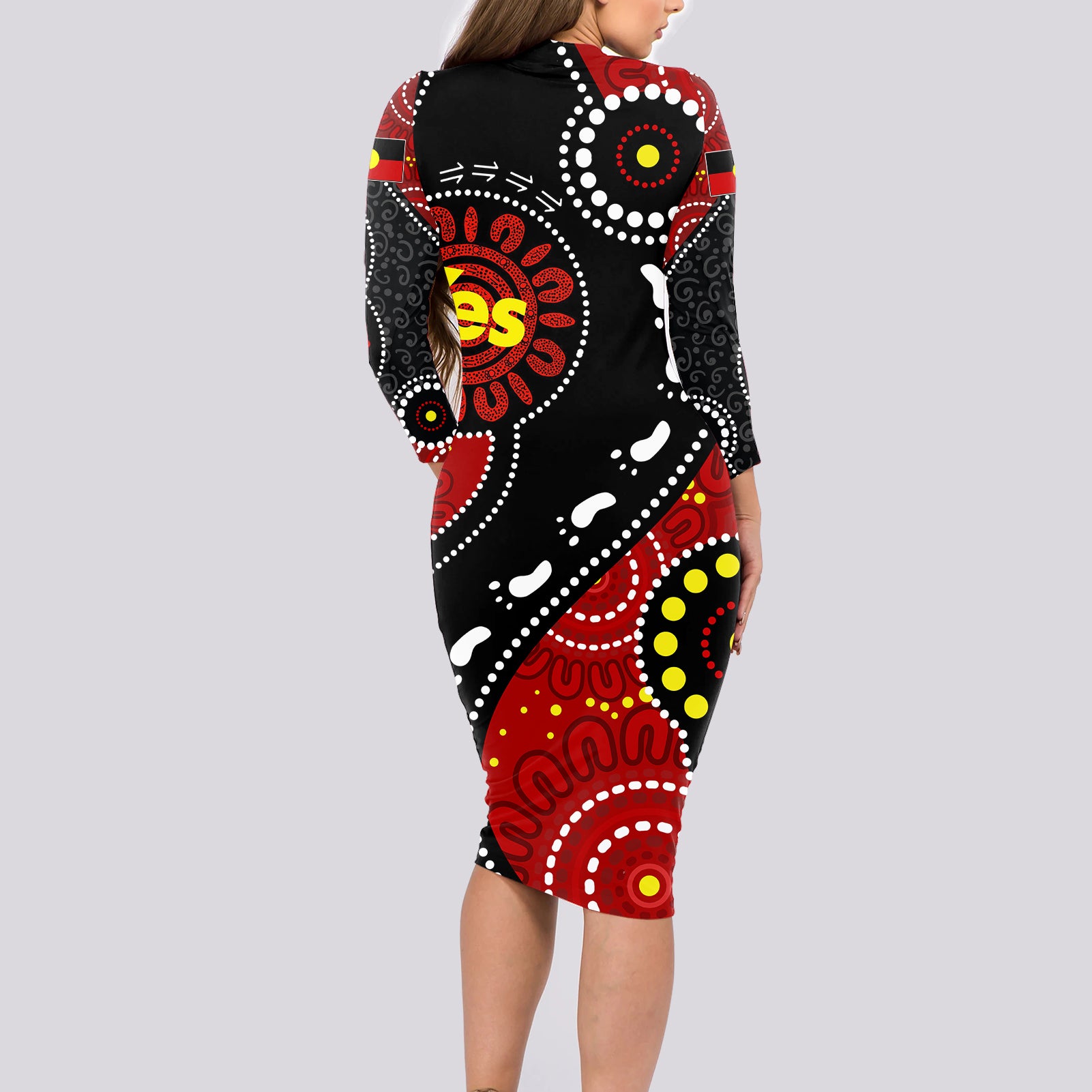 australia-indigenous-long-sleeve-bodycon-dress-vote-yes-aboriginal-flag-color