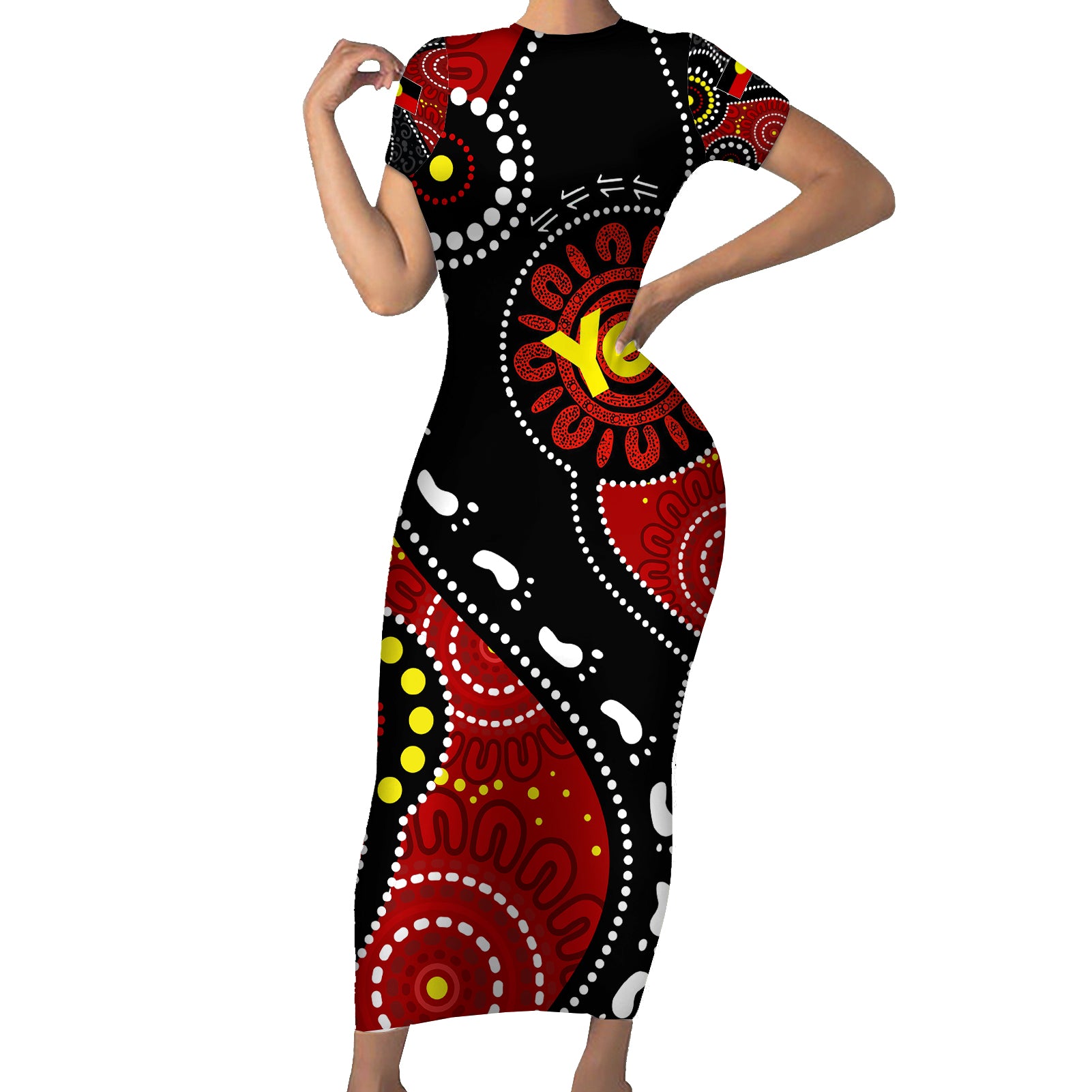 australia-indigenous-short-sleeve-bodycon-dress-vote-yes-aboriginal-flag-color