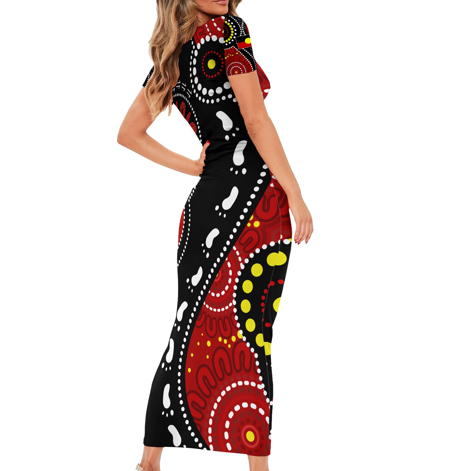 australia-indigenous-short-sleeve-bodycon-dress-vote-yes-aboriginal-flag-color