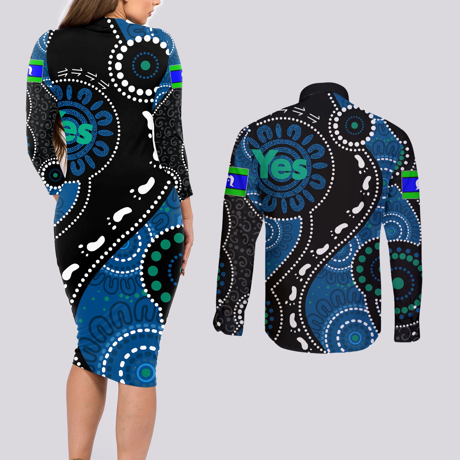 australia-indigenous-couples-matching-long-sleeve-bodycon-dress-and-long-sleeve-button-shirts-vote-yes-aboriginal-torres-strait