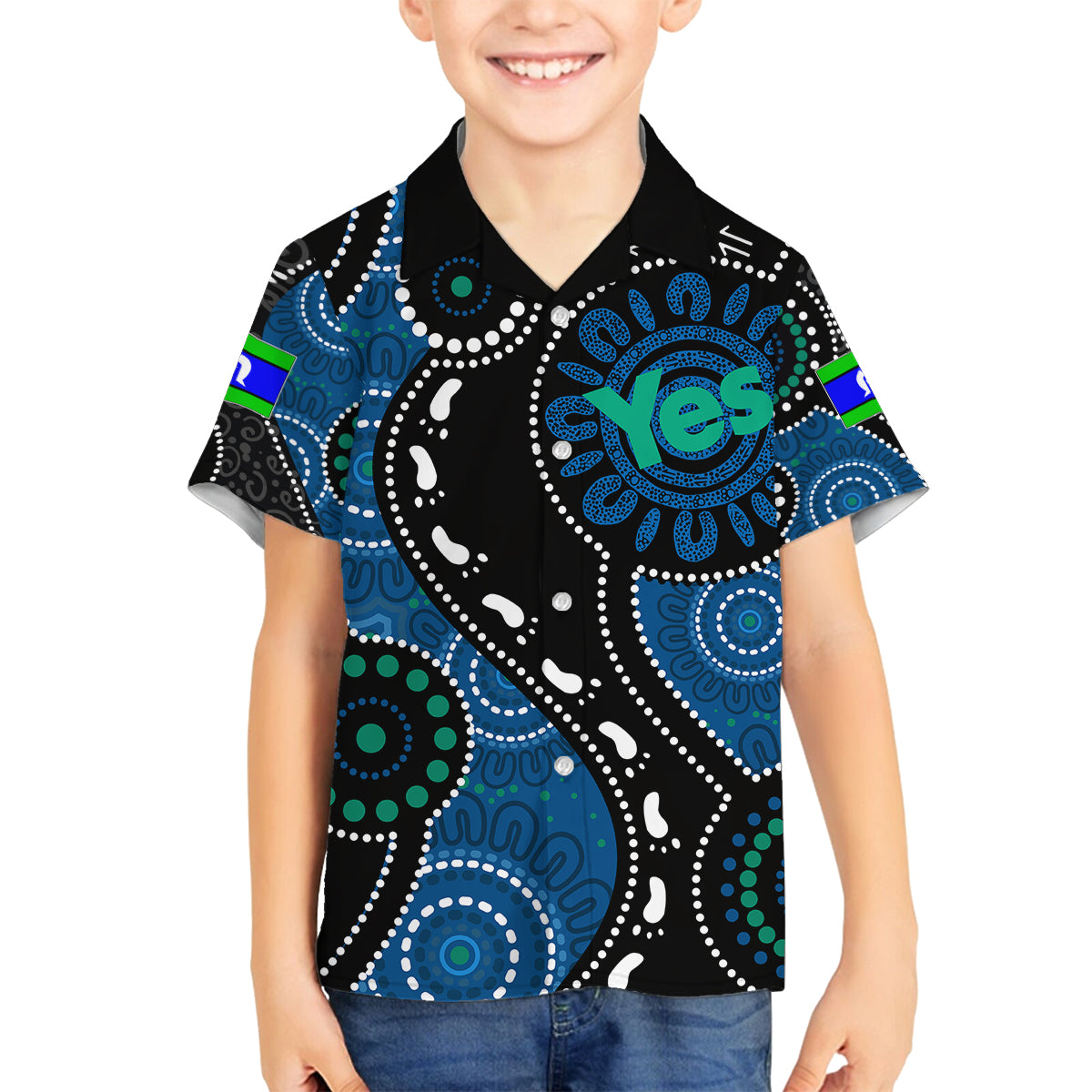 australia-indigenous-family-matching-off-shoulder-long-sleeve-dress-and-hawaiian-shirt-vote-yes-aboriginal-torres-strait