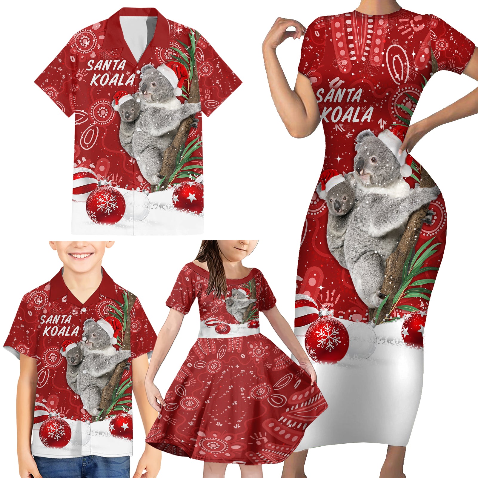 australia-christmas-aboriginal-family-matching-short-sleeve-bodycon-dress-and-hawaiian-shirt-santa-koala-ver01