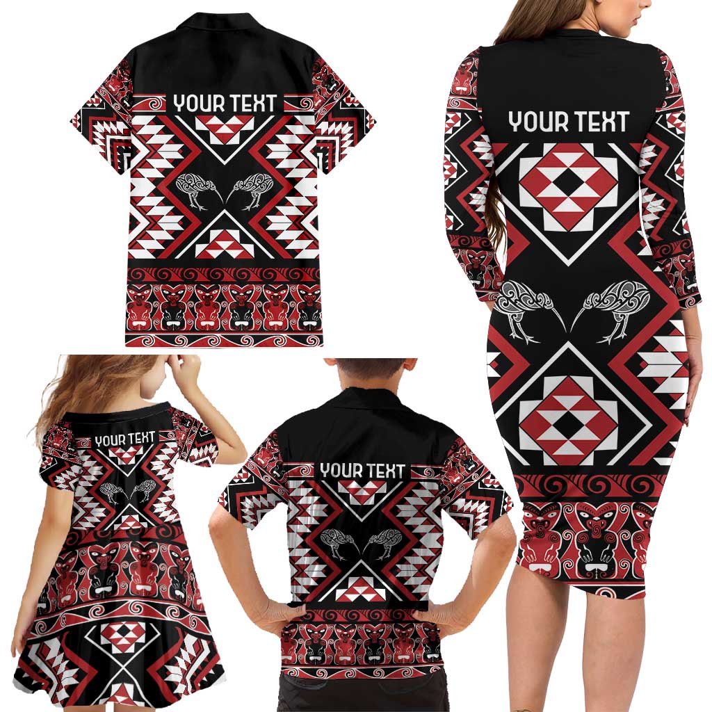 Personalised Taniko Motifs Aotearoa Family Matching Long Sleeve Bodycon Dress and Hawaiian Shirt Waitangi Kowhaiwhai Kiwi