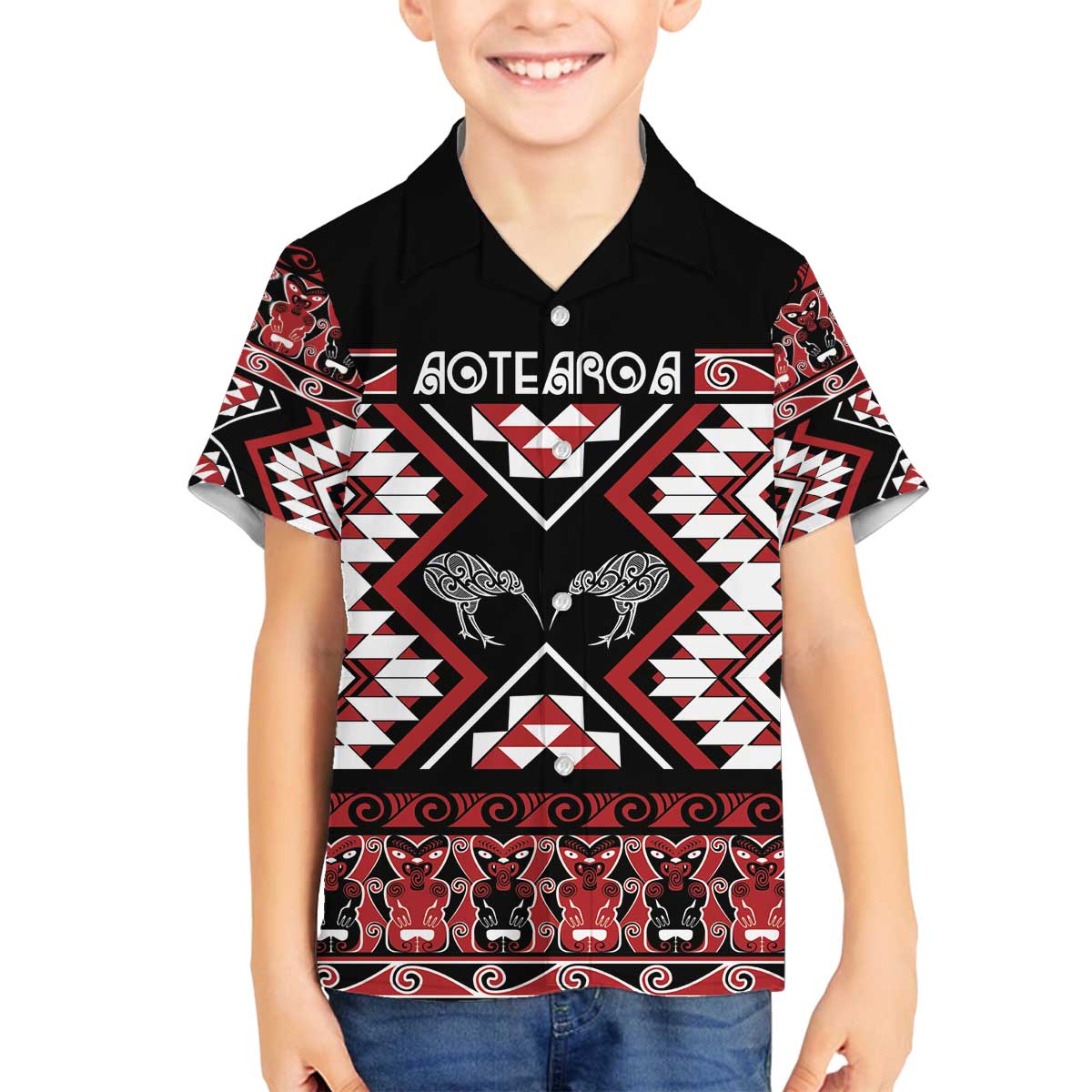 Personalised Taniko Motifs Aotearoa Family Matching Off The Shoulder Long Sleeve Dress and Hawaiian Shirt Waitangi Kowhaiwhai Kiwi