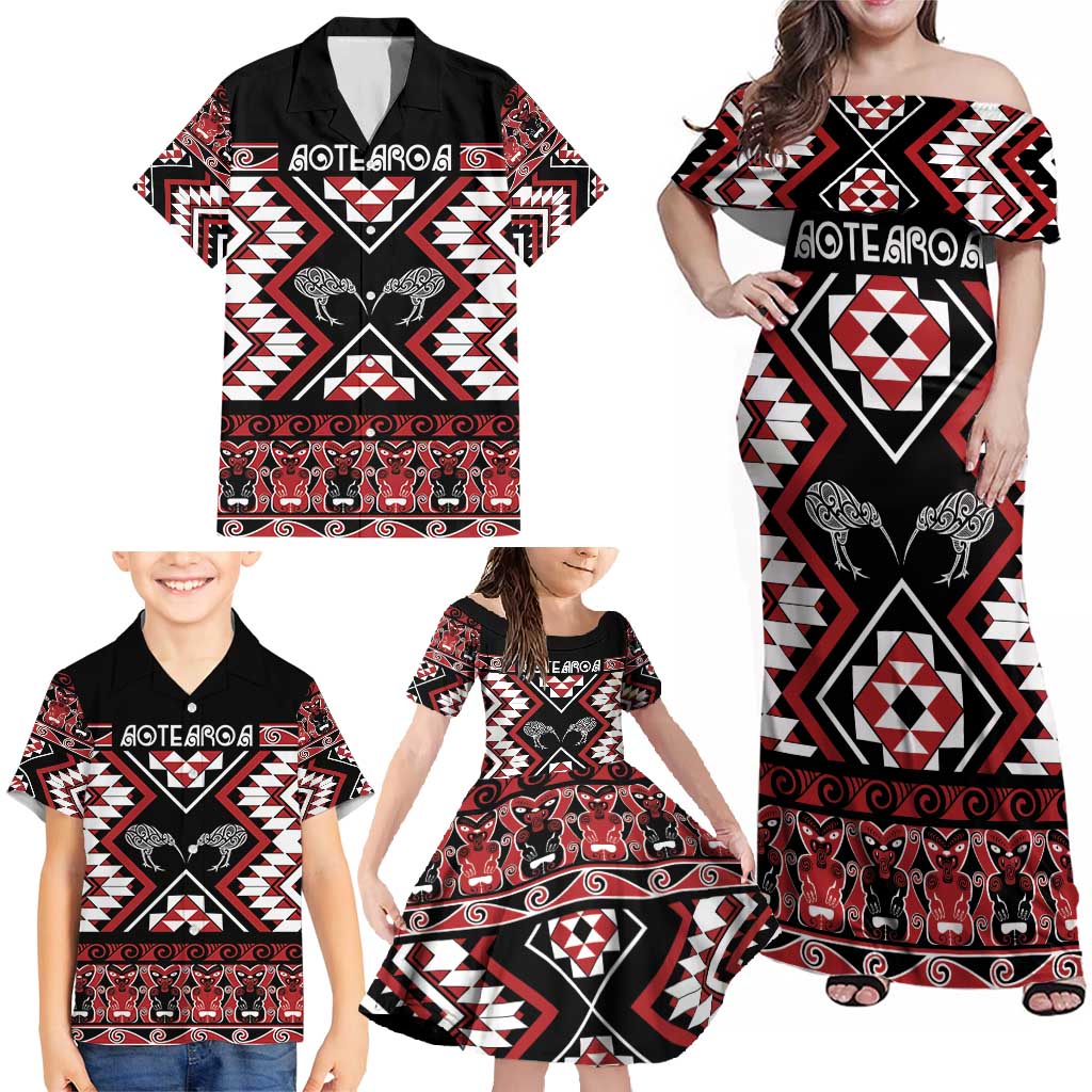 Personalised Taniko Motifs Aotearoa Family Matching Off Shoulder Maxi Dress and Hawaiian Shirt Waitangi Kowhaiwhai Kiwi