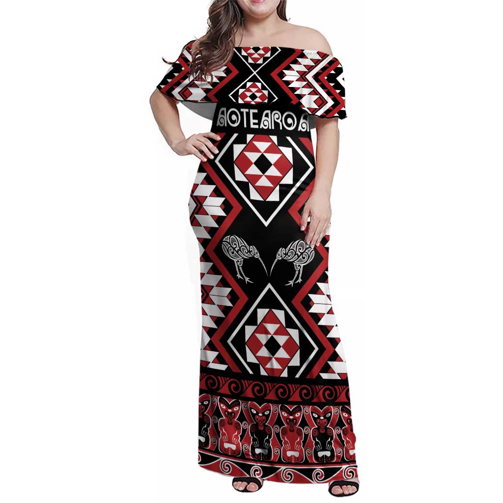 Personalised Taniko Motifs Aotearoa Family Matching Off Shoulder Maxi Dress and Hawaiian Shirt Waitangi Kowhaiwhai Kiwi