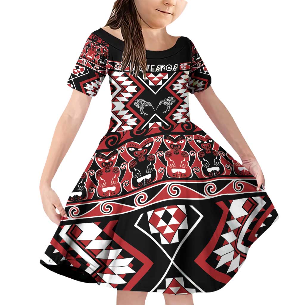 Personalised Taniko Motifs Aotearoa Family Matching Off Shoulder Short Dress and Hawaiian Shirt Waitangi Kowhaiwhai Kiwi