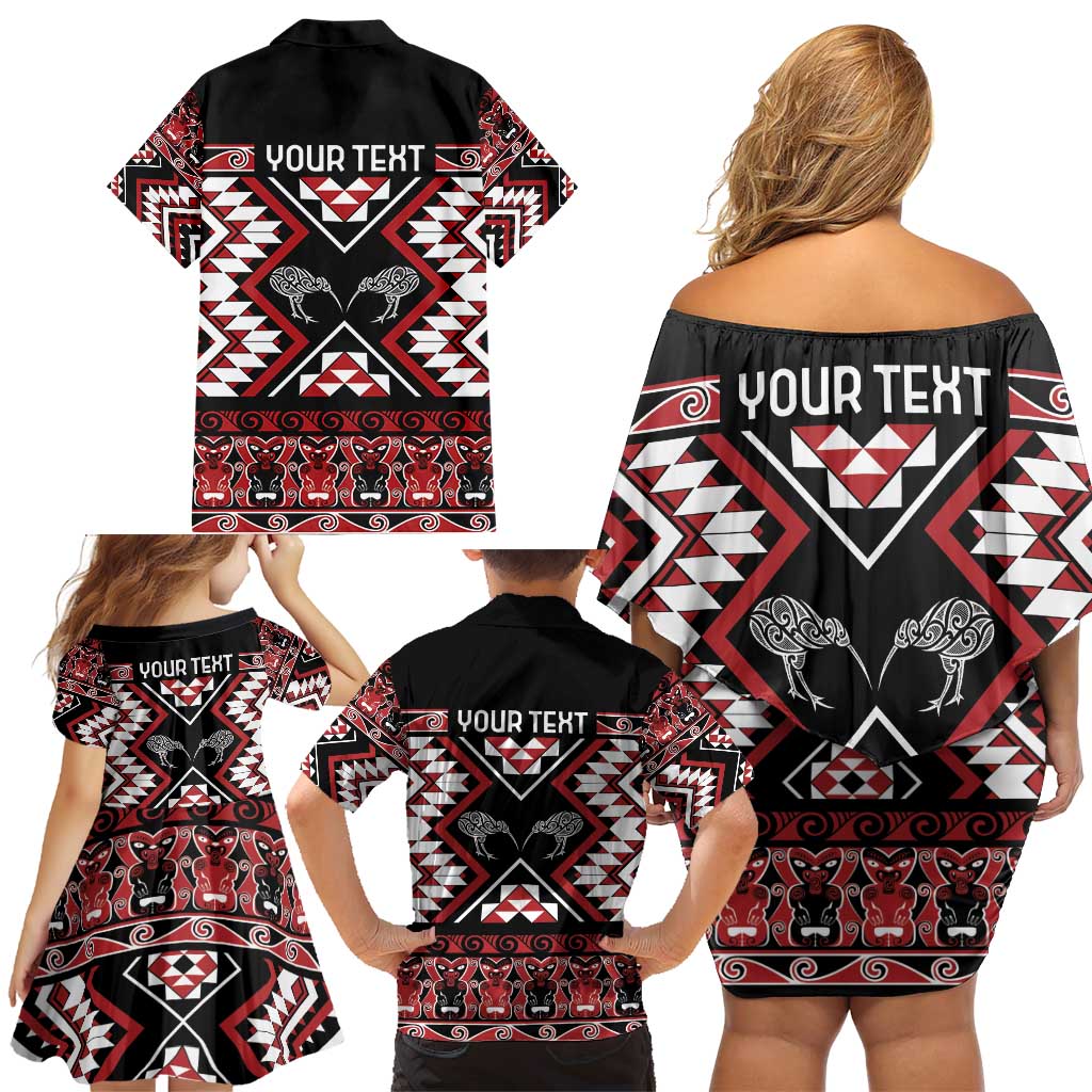 Personalised Taniko Motifs Aotearoa Family Matching Off Shoulder Short Dress and Hawaiian Shirt Waitangi Kowhaiwhai Kiwi