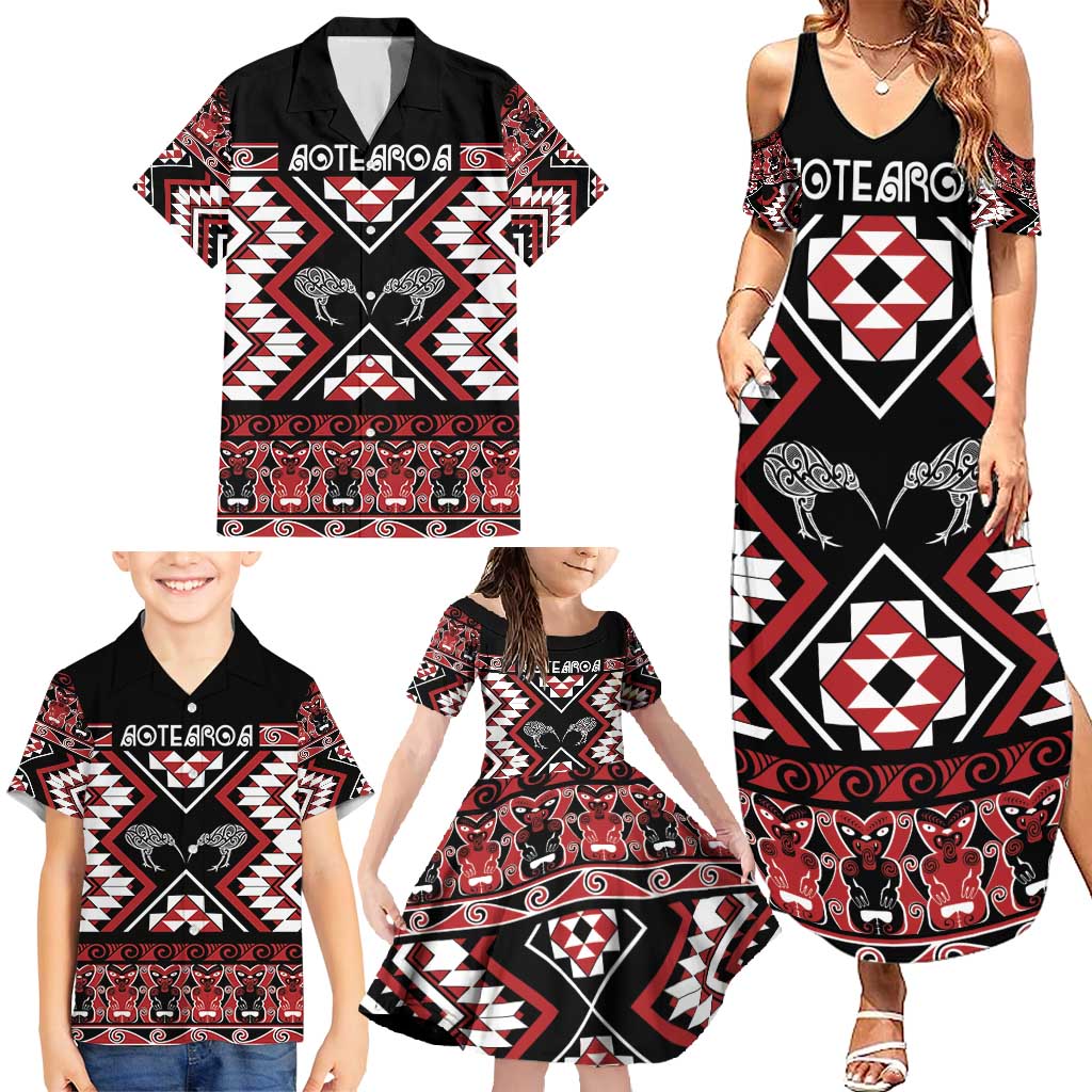 Personalised Taniko Motifs Aotearoa Family Matching Summer Maxi Dress and Hawaiian Shirt Waitangi Kowhaiwhai Kiwi