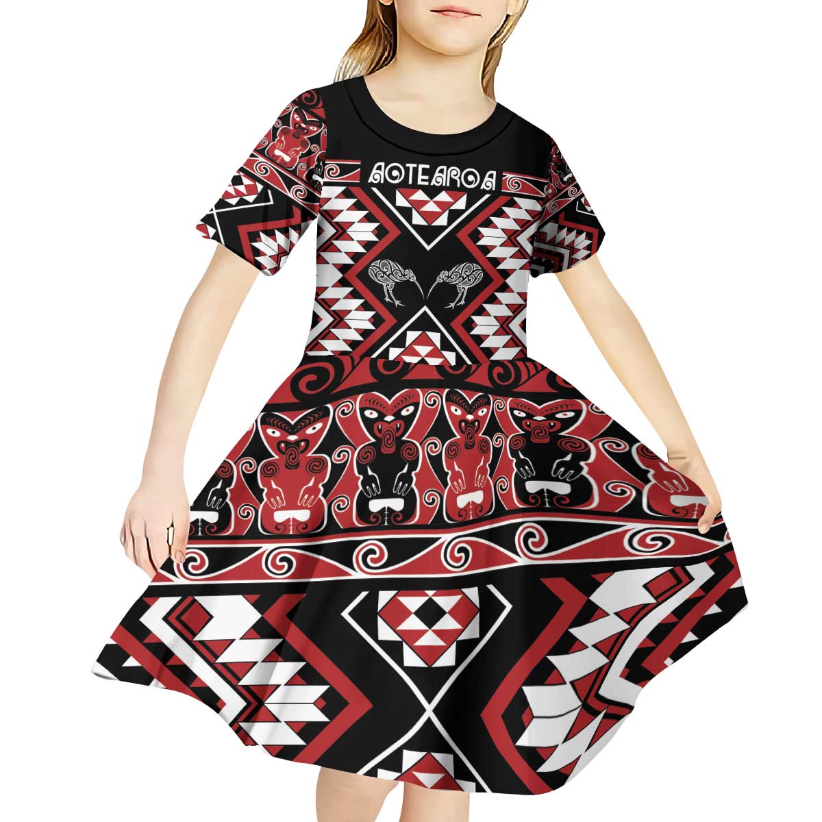 Personalised Taniko Motifs Aotearoa Kid Short Sleeve Dress Waitangi Kowhaiwhai Kiwi - Vibe Hoodie Shop