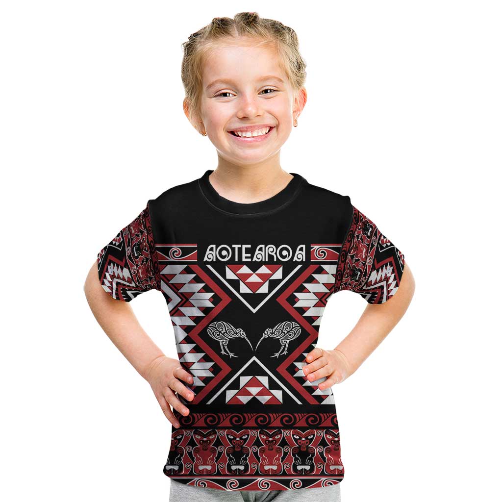 Personalised Taniko Motifs Aotearoa Kid T Shirt Waitangi Kowhaiwhai Kiwi - Vibe Hoodie Shop