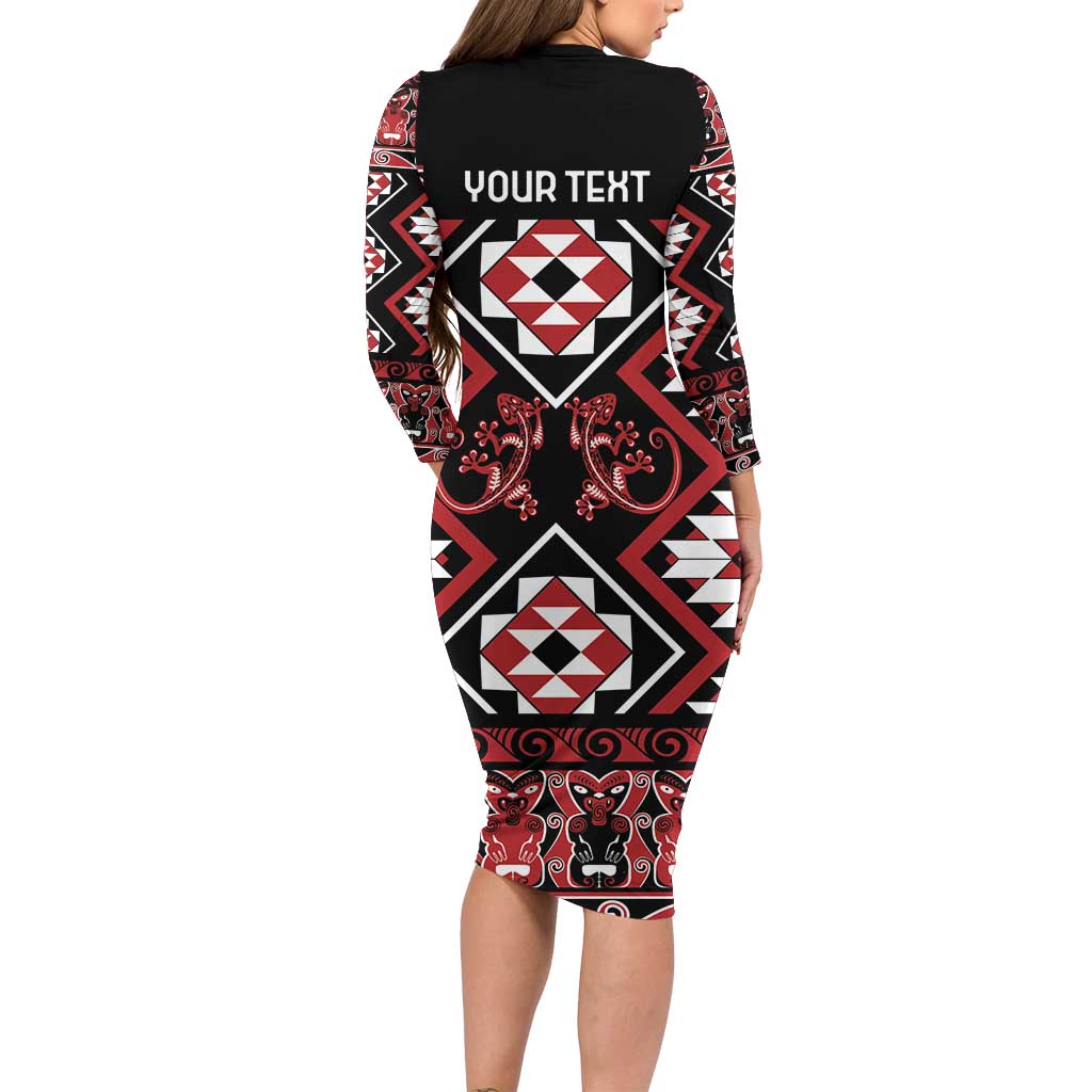 Personalised Aotearoa Waitangi Family Matching Long Sleeve Bodycon Dress and Hawaiian Shirt Taniko Motifs - Mania Gecko