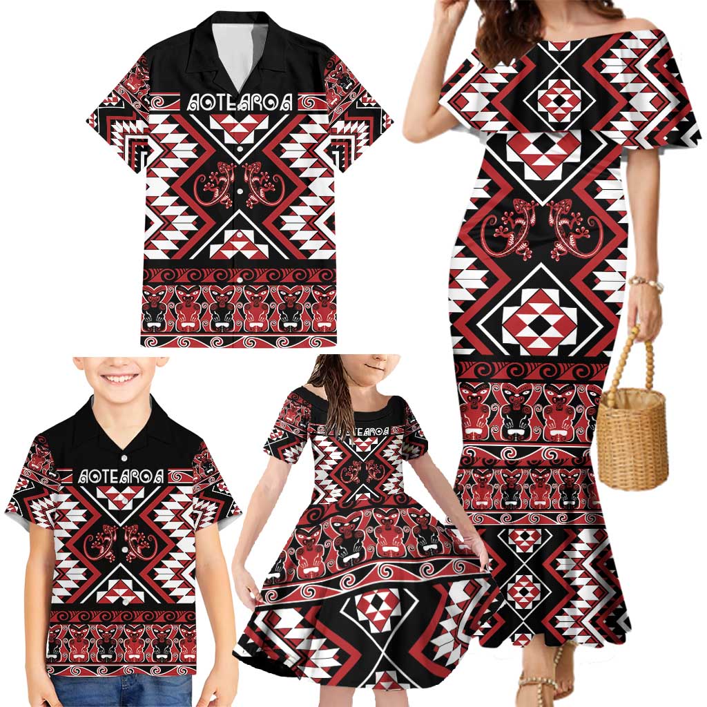 Personalised Aotearoa Waitangi Family Matching Mermaid Dress and Hawaiian Shirt Taniko Motifs - Mania Gecko