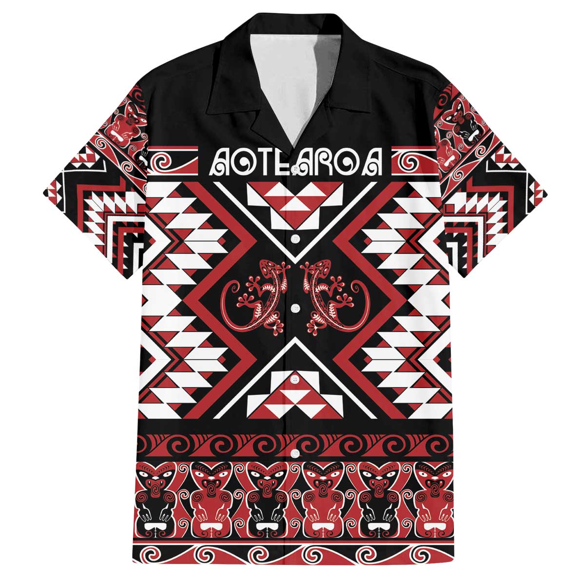 Personalised Aotearoa Waitangi Family Matching Off The Shoulder Long Sleeve Dress and Hawaiian Shirt Taniko Motifs - Mania Gecko