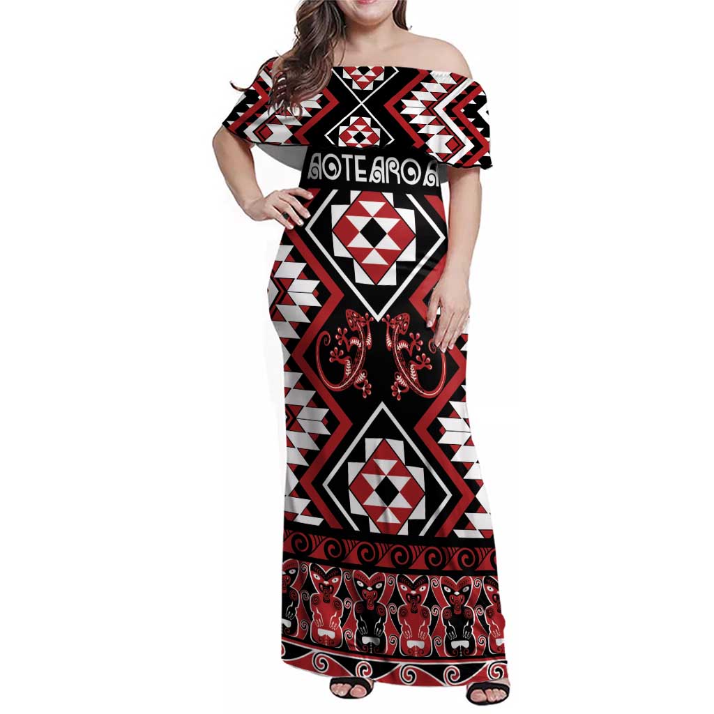 Personalised Aotearoa Waitangi Family Matching Off Shoulder Maxi Dress and Hawaiian Shirt Taniko Motifs - Mania Gecko