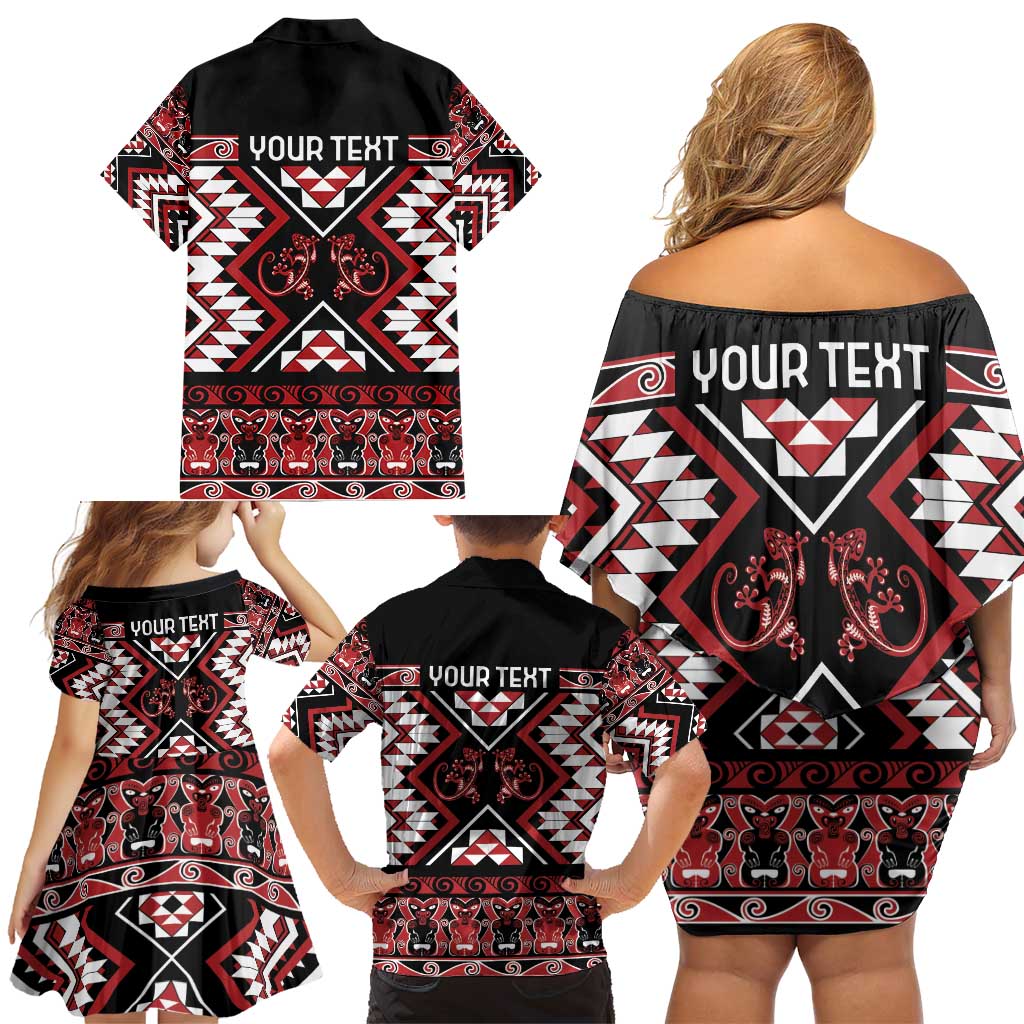 Personalised Aotearoa Waitangi Family Matching Off Shoulder Short Dress and Hawaiian Shirt Taniko Motifs - Mania Gecko