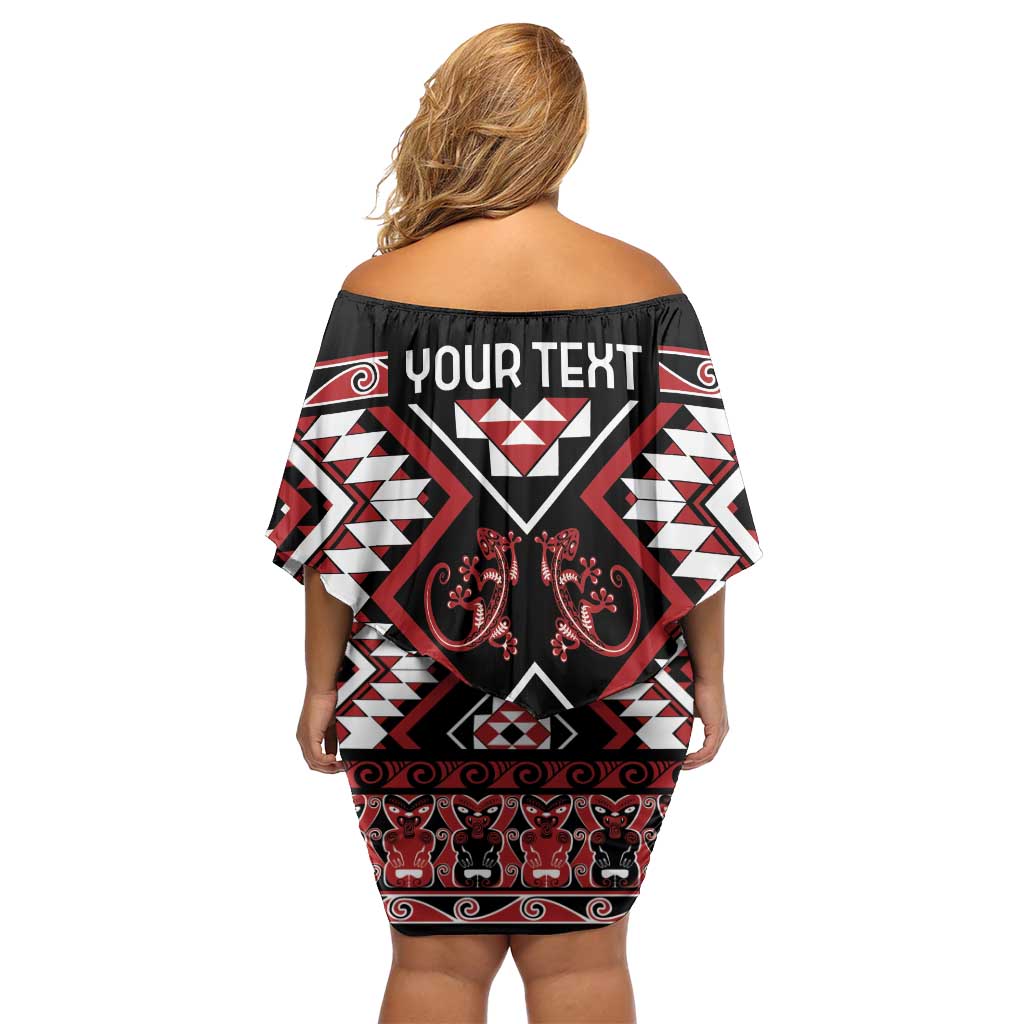 Personalised Aotearoa Waitangi Family Matching Off Shoulder Short Dress and Hawaiian Shirt Taniko Motifs - Mania Gecko