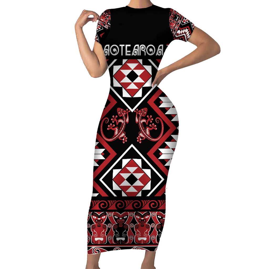 Personalised Aotearoa Waitangi Family Matching Short Sleeve Bodycon Dress and Hawaiian Shirt Taniko Motifs - Mania Gecko