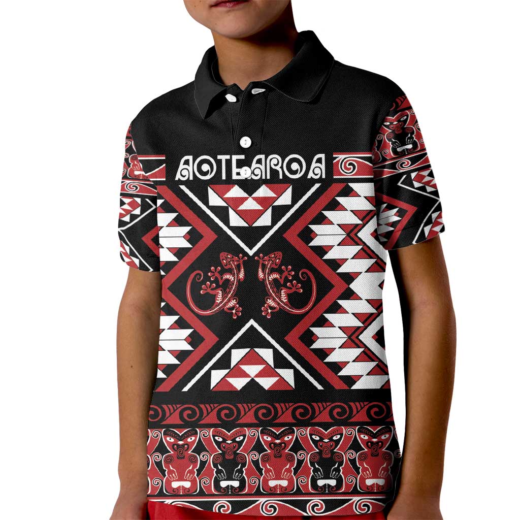 Personalised Aotearoa Waitangi Kid Polo Shirt Taniko Motifs - Mania Gecko - Vibe Hoodie Shop