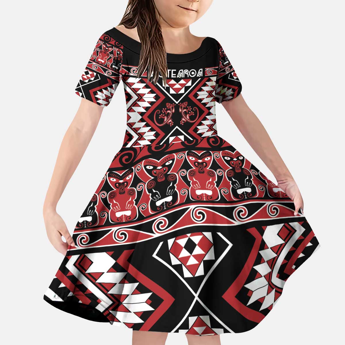 Personalised Aotearoa Waitangi Kid Short Sleeve Dress Taniko Motifs - Mania Gecko - Vibe Hoodie Shop