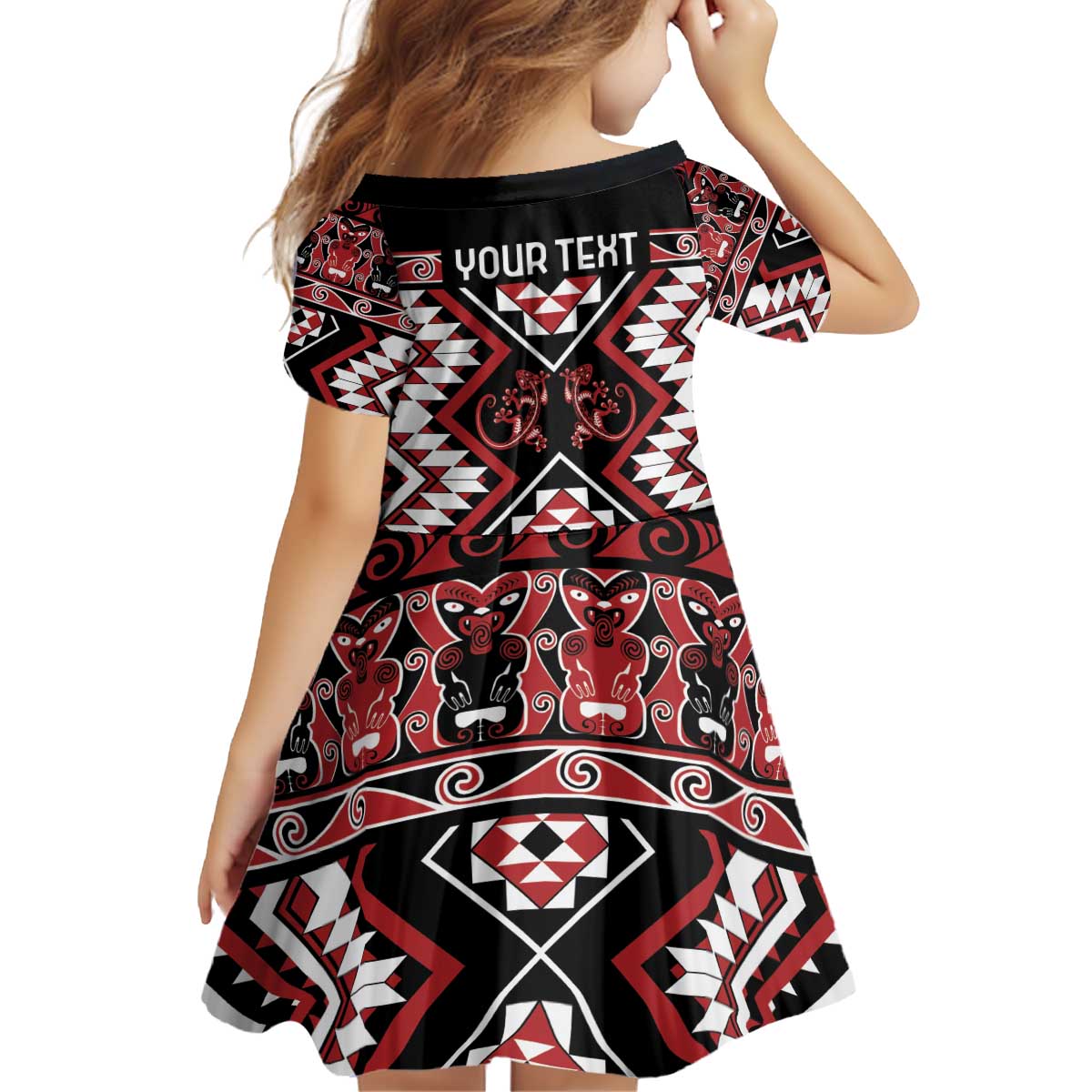 Personalised Aotearoa Waitangi Kid Short Sleeve Dress Taniko Motifs - Mania Gecko - Vibe Hoodie Shop